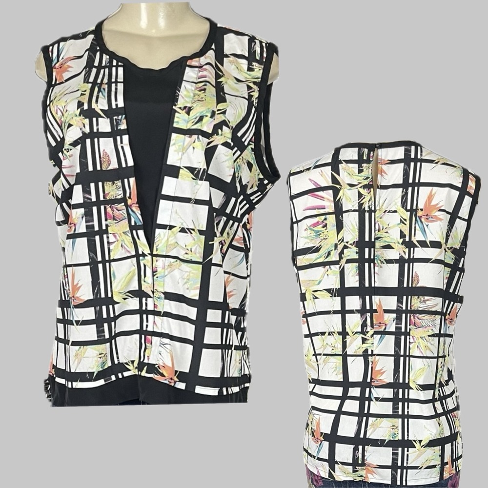 ECI New York L Black Grid Tropical Floral Bird of Paradise Shell Blouse Keyhole